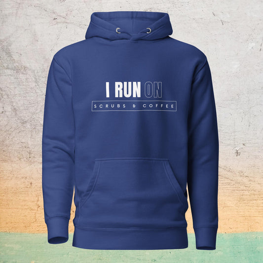 Premium Crew Hoodie - I run on scrubs & coffee (dark)