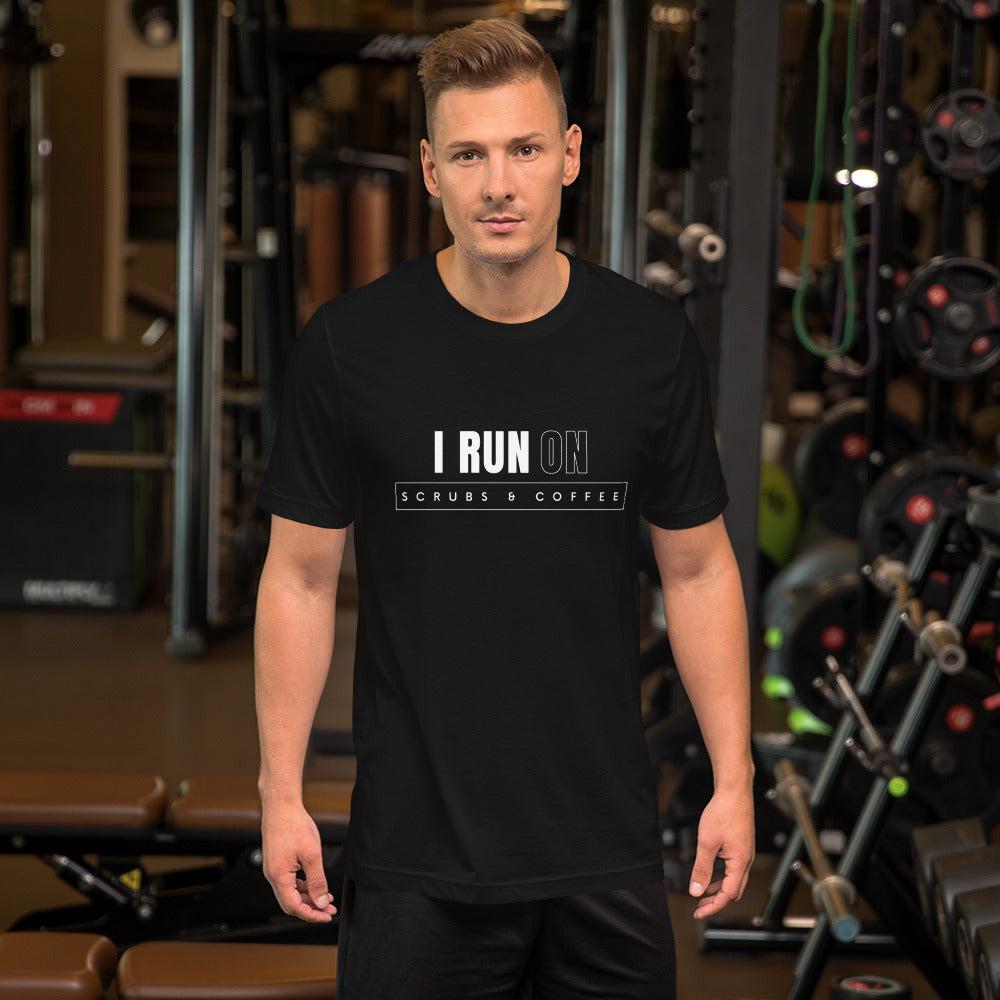 Premium Crew T-Shirt - I run on scrubs & coffee (dark)