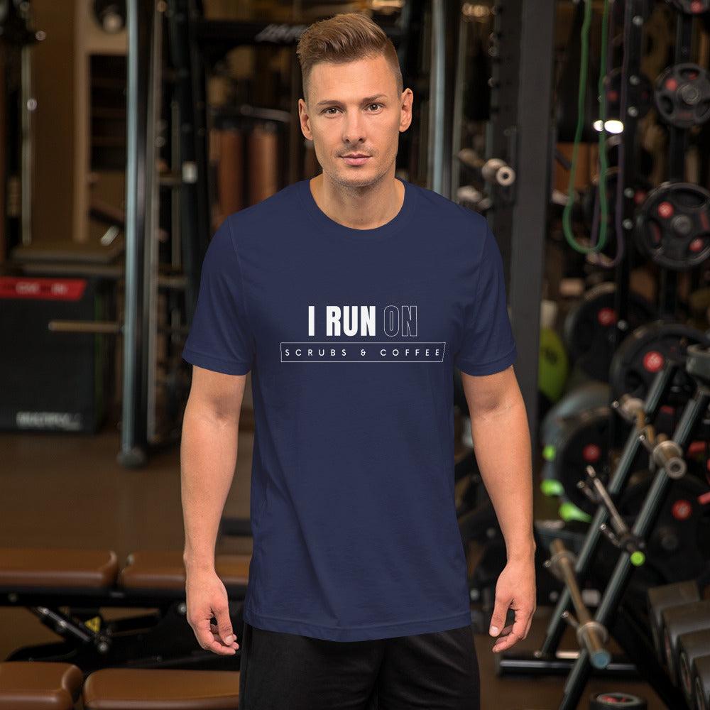 Premium Crew T-Shirt - I run on scrubs & coffee (dark)