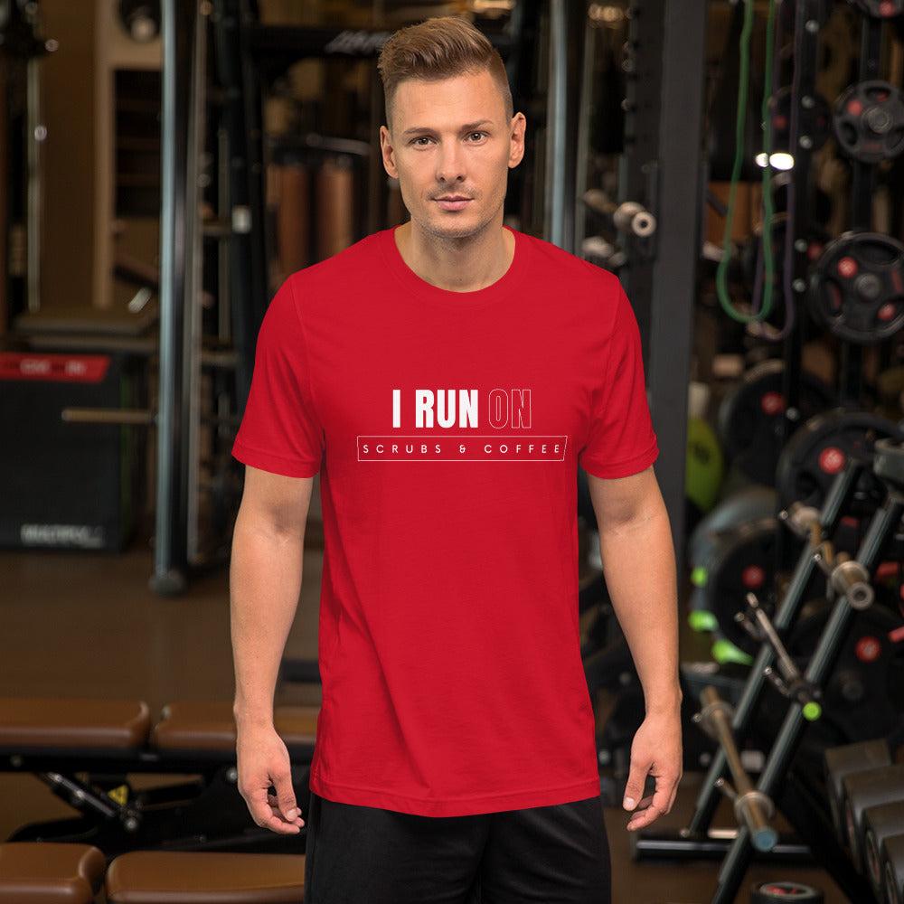 Premium Crew T-Shirt - I run on scrubs & coffee (dark)